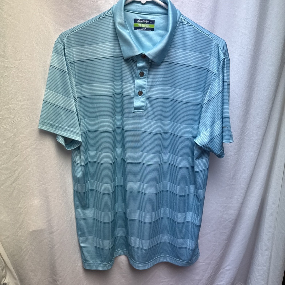 Ben Hogan Polo Shirt Mens Medium Golf Blue Stripe Performance Short Sleeve Adult